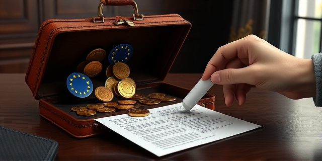 Una ilustración conceptual y satírica. Un maletín de cuero antiguo abierto del que emergen estrellas de la Unión Europea convertidas en monedas de oro, mientras una mano invisible con un borrador de goma borra líneas de un contrato oficial sobre un escritorio de madera oscura. Estilo editorial de revista política, colores contrastados, atmósfera de despacho judicial.