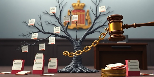 Una ilustración conceptual y satírica. Un árbol genealógico donde las ramas se transforman en sellos oficiales de administración pública y carpetas de expedientes. Al fondo, un mazo de juez rompiendo una cadena de oro que une un escritorio burocrático con un árbol familiar. Estilo editorial moderno, colores contrastados, atmósfera de oficina gubernamental fría y gris.