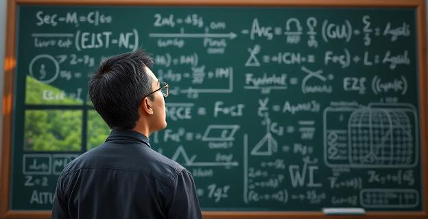 Imagen de una persona reflexionando frente a un pizarrón lleno de ecuaciones complejas y símbolos científicos, con un aura de pensamiento profundo y una ventana al fondo mostrando un paisaje natural sereno