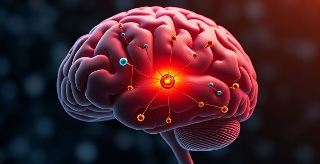 Imagen de un cerebro humano con una sección resaltada en el hipotálamo, mostrando una red de neuronas conectadas con diferentes colores para distinguir entre células 
