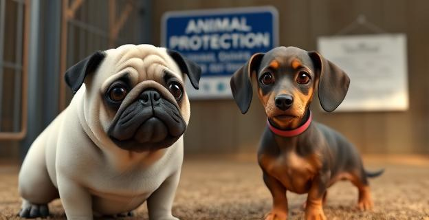 Imagen de un perro carlino y un teckel en un entorno de criadero, con un fondo que muestra un cartel oficial del Gobierno o un documento legal relacionado con la protección animal