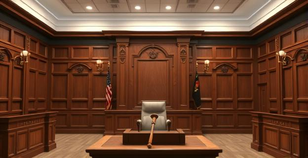 Una sala de juicio austera y formal, con una mesa de estrado vacía y una silla de testigo. Un mazo de madera descansa sobre un atril. La iluminación es sobria, destacando la seriedad del entorno. El ambiente transmite una sensación de interrogatorio y burocracia, sin presencia humana.