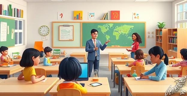 Imagen de un aula multicultural con estudiantes y profesores de diferentes etnias trabajando juntos, con materiales educativos y tecnología en un entorno inclusivo.