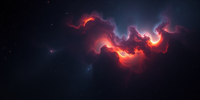 Una nebulosa oscura con forma de cabeza de caballo, iluminada desde atrás por gases brillantes de color rojo, naranja y azul, con estrellas distantes dispersas. Estilo artístico: hiperrealista, con texturas detalladas y una paleta de colores cósmicos.