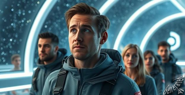 Ryan Gosling en una escena de ciencia ficción con un fondo espacial