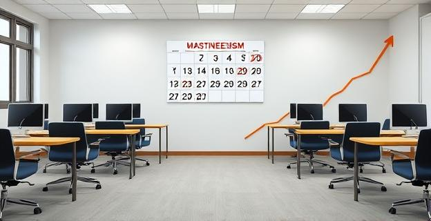 Oficina vacía con sillas y mesas desocupadas, representando el absentismo laboral. Un calendario en la pared muestra fechas tachadas, simbolizando los días de baja médica. Un gráfico en descenso muestra la productividad afectada.