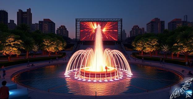 Un parque grande con una fuente iluminada y gente disfrutando de espectáculos de agua y música, con una pantalla gigante para proyectar películas en el fondo.