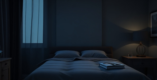 Una habitación oscura y fresca con una cama bien arreglada, sin dispositivos electrónicos visibles, con un vaso de agua y un libro en la mesita de noche.