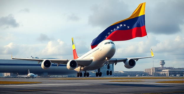 Una imagen que represente un avión aterrizando en un aeropuerto con la bandera de Venezuela ondeando en el fondo, simbolizando la llegada de Zapatero a Caracas en un momento de tensión política.