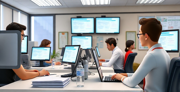 Una escena que muestra a representantes de ONG y sindicatos trabajando en oficinas junto a funcionarios del gobierno, con pantallas de ordenadores mostrando formularios de extranjería en segundo plano.