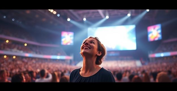 Una mujer en un estadio grande con una pantalla de proyección iluminada, rodeada de personas en un ambiente de oración y alabanza, con una expresión de asombro y gratitud en su rostro.