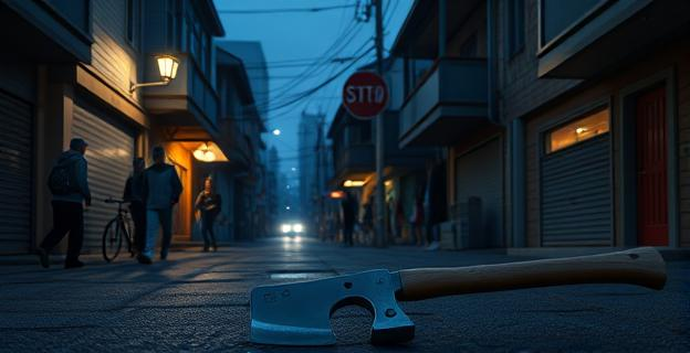 Imagen de un barrio con sensación de inseguridad, con personas de diferentes orígenes en las calles y un ambiente tenso. Un hacha en el suelo simboliza la inseguridad nocturna.