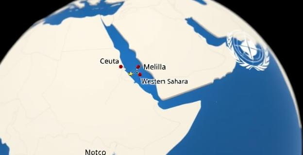 Mapa del norte de África con Ceuta y Melilla resaltadas, mostrando su proximidad a Marruecos y la frontera con el Sáhara Occidental. Un globo terráqueo al fondo con la OTAN y la ONU representadas simbólicamente.