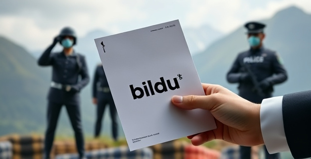 Una imagen conceptual que represente la tensión entre el Gobierno y las fuerzas políticas vascas, con un fondo que sugiera el País Vasco y figuras que simbolicen la Guardia Civil y la Policía Nacional en una posición de vigilancia, mientras que en primer plano se ve una mano sosteniendo un documento oficial con el logo de Bildu.