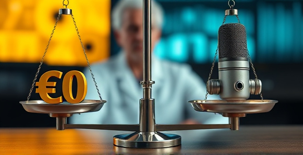 Una balanza con una pesa representando 30 millones de euros en un lado y un micrófono de radio representando entretenimiento en el otro, con una figura borrosa de un científico en el fondo.