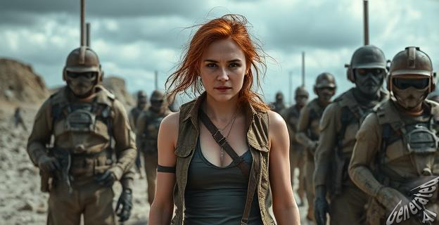 Una imagen postapocalíptica con una actriz en el centro representando a Kirsten Raymonde, rodeada de actores itinerantes en un entorno desolado.