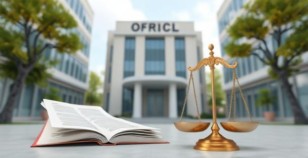 Ilustración de un edificio de oficinas con documentos legales y una balanza en primer plano, representando la tensión entre una empresa de alquiler y el gobierno