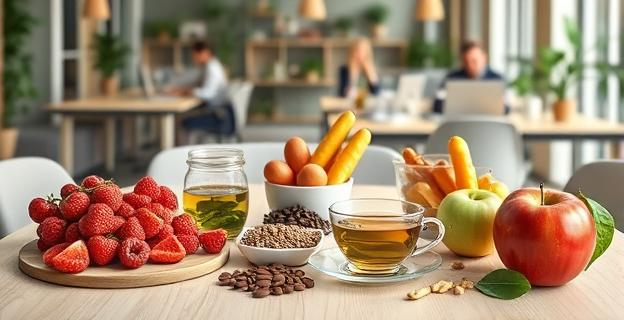 Imagen de una mesa con diversos alimentos saludables como frutas rojas, té verde, cacao y manzanas, en un entorno de oficina con personas trabajando sentadas al fondo