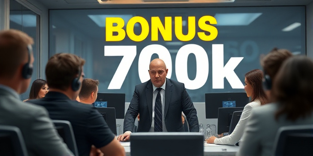 Una escena de oficina en una agencia de noticias, con un gran cartel de ‘Bonus 700k’ en el fondo, empleados con bocinas de alerta y un jefe con una chaqueta elegante, sin rostros específicos, mostrando una mezcla de tensión y sarcasmo en la atmósfera