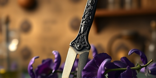 Imagen conceptual evocadora de un bisturí antiguo, grabado en metal oscuro, rodeado de flores moradas y venenosas. Fondo difuminado con tonos sepia, que sugiera un laboratorio alquímico medieval. Iluminación sutil y misteriosa. Estilo artístico: realismo mágico.