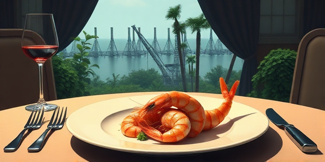 Una ilustración conceptual y satírica que muestre un plato de langostinos gourmet sobre una mesa elegante, pero la sombra del plato proyecta la imagen de un bosque de manglares talado y maquinaria industrial. Estilo editorial de revista, colores contrastados, atmósfera de crítica social.
