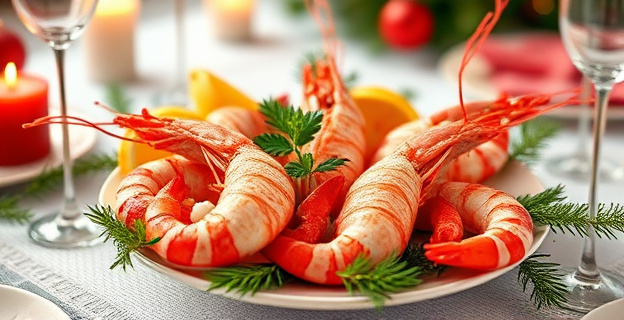 Imagen de una mesa navideña con langostinos y gambas cocinados al vapor, presentados en un plato decorado con hierbas frescas y limón, sin personas ni nombres propios visibles