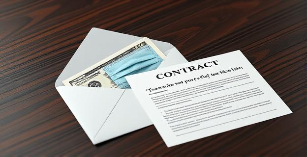 Imagen de un sobre con dinero y un contrato de compra de mascarillas sobre una mesa de madera oscura