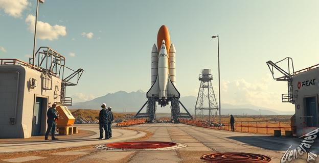 Una imagen de la base de operaciones de Starship, Starbase, en Texas, con trabajadores en acción y un cohete Starship en el fondo.