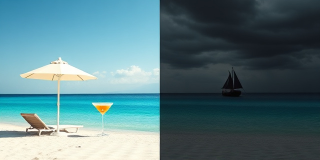 Una ilustración conceptual y minimalista que muestra una playa paradisíaca de Baleares dividida por una línea diagonal. De un lado, una sombrilla de lujo y una copa de cocktail; del otro, la silueta oscura de una pequeña embarcación precaria llegando a la orilla bajo un cielo tormentoso. Estilo editorial de revista, colores contrastados entre azul turquesa y gris ceniza.