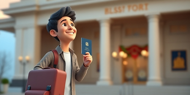 Una persona con una maleta y un pasaporte en la mano, sonriendo mientras mira un edificio gubernamental