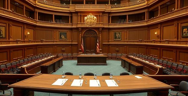 Imagen de un hemiciclo parlamentario español vacío con una mesa de negociación y varios papeles con el texto 