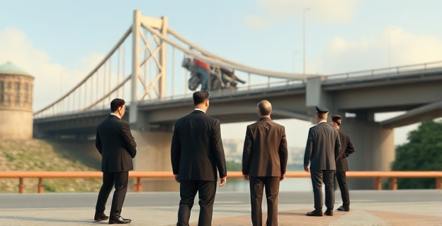 Una imagen que representa la inseguridad y el nepotismo en un Ministerio de Transportes, con un puente colapsado al fondo y figuras de funcionarios en primer plano, transmitiendo una sensación de desorden y falta de preparación.