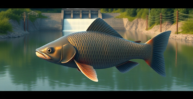 Una carpa gigante nadando en un río con una presa al fondo y barreras eléctricas en primer plano