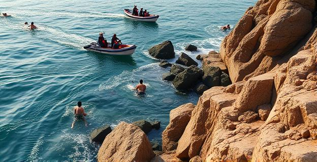Imagen de una costa rocosa con inmigrantes intentando llegar a nado a la orilla, mientras la Guardia Civil los intercepta en el agua con lanchas y redes de seguridad
