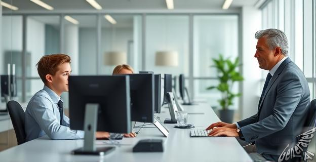 Oficina moderna con empleados jóvenes trabajando en computadoras mientras un jefe mayor observa