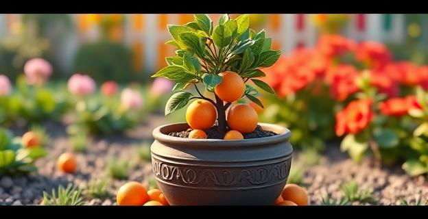 Imagen de una maceta con un naranjo en crecimiento y semillas de naranja alrededor, en un jardín luminoso y colorido