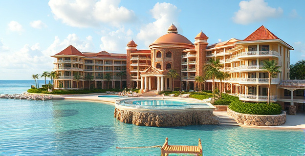 Un lujoso resort caribeño con arquitectura inspirada en corales, ubicado en una playa paradisíaca con palmeras y aguas cristalinas. El complejo cuenta con numerosas habitaciones de lujo y suites con vistas al mar.