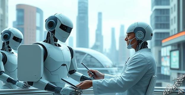 Ilustración de robots humanoides trabajando en una ciudad futurista con una población de robots superior a la humana, mientras una persona disfruta de atención médica de alta calidad.