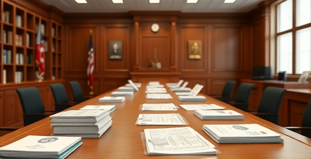 Oficina judicial con papeles y códigos de identificación en las mesas de trabajo, reflejando orden y organización