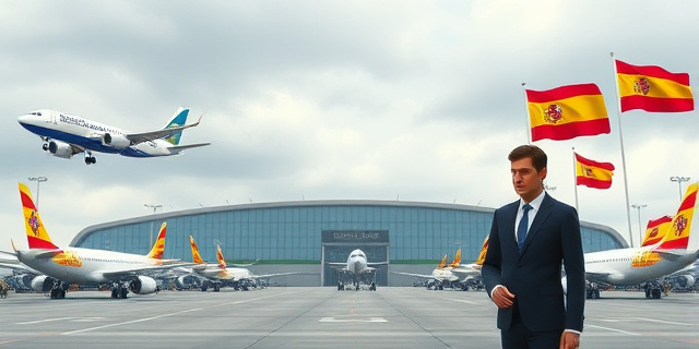 Ilustración de un aeropuerto con aviones y banderas de Baleares y Canarias, cables de test PCR, un político con traje, fondo de nubes y banderas de España, sin rostros reales