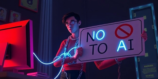 Una ilustración conceptual y satírica que muestre a una persona moderna encadenada por cables brillantes de fibra óptica a un ordenador, mientras sostiene un cartel de protesta que dice 'NO A LA IA'. Estilo editorial de revista, colores contrastados, atmósfera de ironía digital.