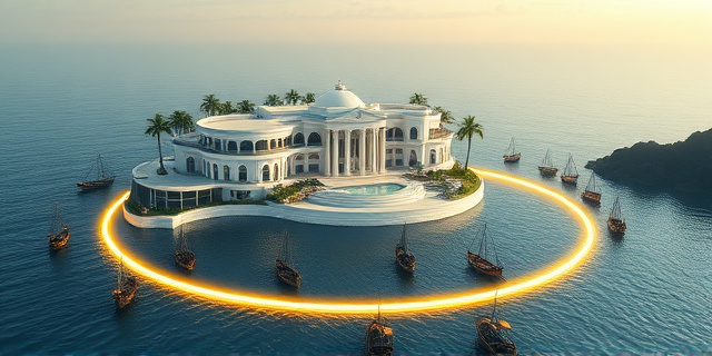 Una ilustración conceptual y satírica. Un palacio colonial blanco de lujo con piscinas y palmeras en una costa volcánica, rodeado por una línea brillante y eléctrica en el mar que forma un círculo perfecto de exclusión. Fuera del círculo, pequeños barcos de pesca tradicionales parecen hormigas rechazadas. Estilo editorial moderno, colores vibrantes, atmósfera de ironía política.