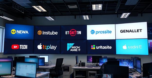 Oficina con pantallas mostrando logotipos de medios de comunicación y empresas tecnológicas, con un ambiente de trabajo corporativo