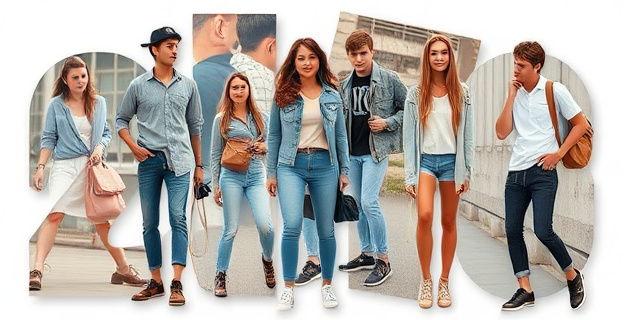 Una imagen que representa la nostalgia por la moda de los años 2016, con un collage de fotos antiguas y modernas mezcladas, mostrando prendas y accesorios icónicos de la época como mini mochilas y denim.