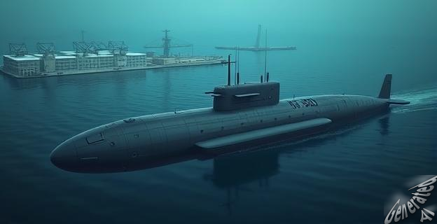 Un submarino S-80 en inmersión en aguas profundas, con un astillero de Navantia al fondo.