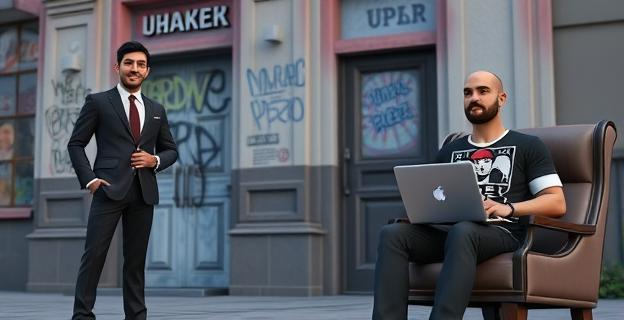 Un hombre con traje está de pie frente a un edificio con pintadas vandálicas en la pared, mientras otro hombre con una camiseta de un partido político está sentado en una silla con un ordenador portátil
