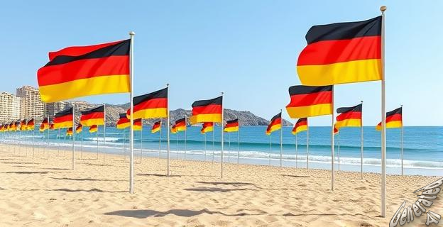 Imagen de una playa vacía en Mallorca con banderas alemanas ondeando al fondo, reflejando la disminución del turismo alemán.