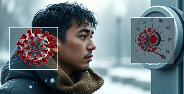 Imagen de una persona saliendo al frío con el pelo mojado mientras se ve un termómetro mostrando una temperatura baja y un gráfico de un rinovirus en un recuadro