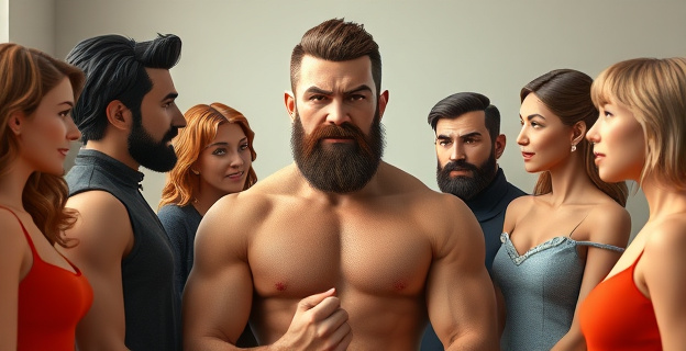 Una imagen conceptual que muestra diferentes versiones de un hombre con distintos grados de barba y musculatura, rodeado de mujeres de diversas edades que lo miran con diferentes expresiones de aprobación o desaprobación.