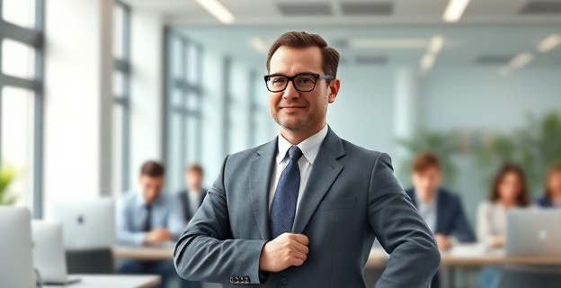 Una figura autoritaria en un despacho moderno, con un equipo de personas trabajando en segundo plano, con expresiones de concentración y leves sonrisas. El jefe está de pie, firme pero con una postura relajada, simbolizando equilibrio y liderazgo.